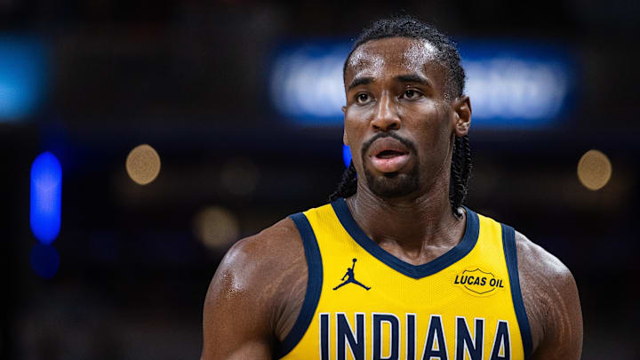 Jan 6, 2026; Indianapolis, Indiana, USA; Indiana Pacers guard/forward Aaron Nesmith (23) in the second half against the Cleveland Cavaliers at Gainbridge Fieldhouse. Mandatory Credit: Trevor Ruszkowski-Imagn Images