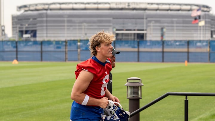 Jaxson Dart a quarterback with the NY Giants, is shown after practice at Quest Diagnostics Giants Training Center, East Rutherford, NJ, May 28, 2025.