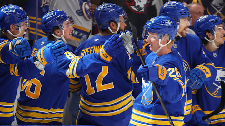 Defenseman Rasmus Dahlin with Buffalo Sabres teammates
