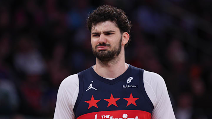 Mar 22, 2026; New York, New York, USA; Washington Wizards forward Tristan Vukcevic (00) reacts during the first half against the New York Knicks at Madison Square Garden. Mandatory Credit: Vincent Carchietta-Imagn Images