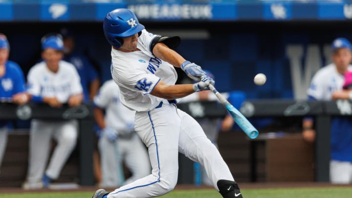 Jun 8, 2024; Lexington, KY, USA; Kentucky Wildcats outfielder Ryan Waldschmidt (21) hits a pitch during the sixth inning against the Oregon State Beavers at Kentucky Proud Park. Mandatory Credit: Jordan Prather-USA TODAY Sports Jun 8, 2024; Lexington, KY, USA; Kentucky Wildcats outfielder Ryan Waldschmidt (21) hits a pitch during the sixth inning against the Oregon State Beavers at Kentucky Proud Park. Mandatory Credit: Jordan Prather-USA TODAY Sports