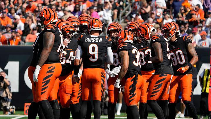 The Cincinnati Bengals quarterback Joe Burrow and the Bengals offensive huddle as they face the Baltimore Ravens Sunday October 6, 2024 at Payor Stadium. The Cincinnati Bengals quarterback Joe Burrow and the Bengals offensive huddle as they face the Baltimore Ravens Sunday October 6, 2024 at Payor Stadium.
