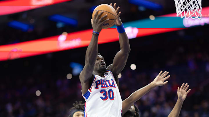 Oct 16, 2024; Philadelphia, Pennsylvania, USA; Philadelphia 76ers center Adem Bona (30) in action against the Brooklyn Nets during the fourth quarter at Wells Fargo Center. Mandatory Credit: Bill Streicher-Imagn Images