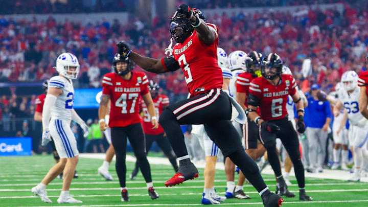 Dec 6, 2025; Arlington, TX, USA;  Texas Tech Red Raiders linebacker Bryce Ramirez (3) celebrates  during the second half against the BYU Cougars at AT&T Stadium. Mandatory Credit: Kevin Jairaj-Imagn Images