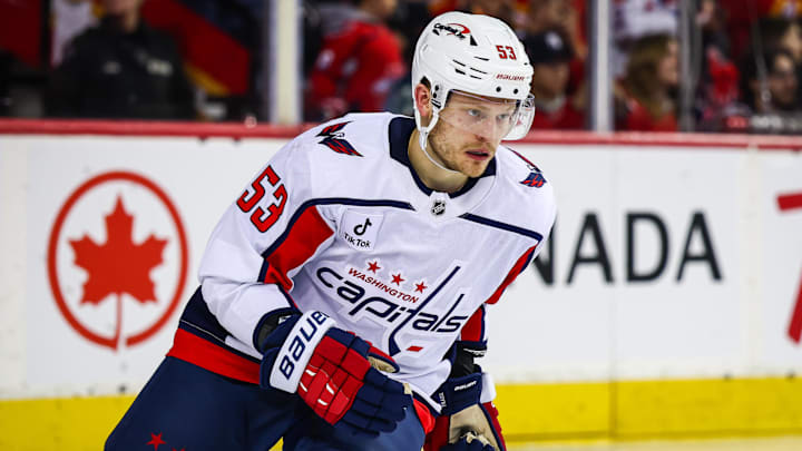 Jan 23, 2026; Calgary, Alberta, CAN; Washington Capitals center Ethen Frank (53) skates against the Calgary Flames during the second period at Scotiabank Saddledome. Mandatory Credit: Sergei Belski-Imagn Images