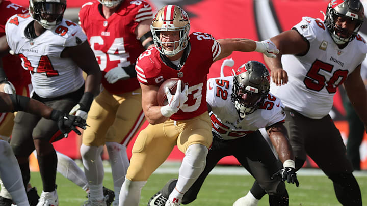 Nov 10, 2024; Tampa, Florida, USA; San Francisco 49ers running back Christian McCaffrey (23) runs with the ball against the Tampa Bay Buccaneers during the second half at Raymond James Stadium. Mandatory Credit: Kim Klement Neitzel-Imagn Images