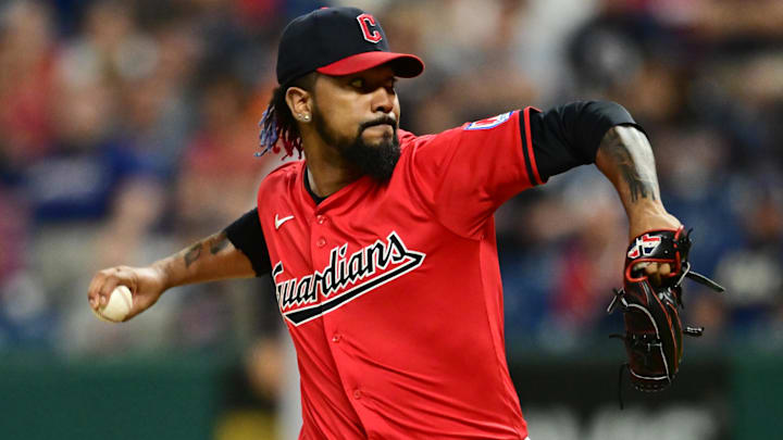 Sep 16, 2024; Cleveland, Ohio, USA; Cleveland Guardians relief pitcher Emmanuel Clase (48) throws a pitch during the ninth inning against the Minnesota Twins at Progressive Field. Mandatory Credit: Ken Blaze-Imagn Images