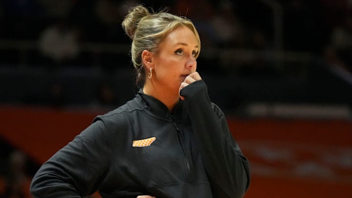 Tennessee basketball coach Kim Caldwell during the NCAA college basketball game against Winthrop on Sunday, Dec. 29, 2024 in Knoxville, Tenn.