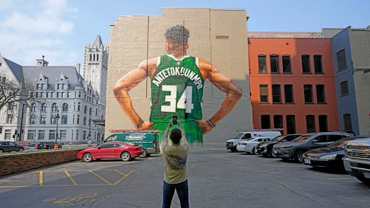 The mural of Milwaukee Buck Giannis Antetokounmpo on the side the 600 EAST building Mike De Sisti / The Milwaukee Journal Sentinel