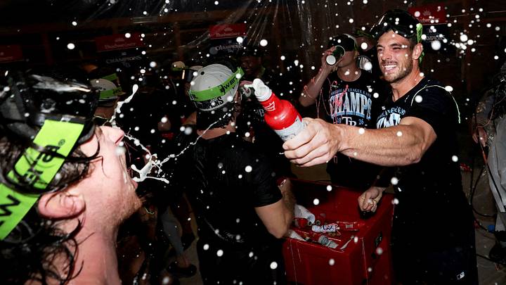 Sep 22, 2026; Bronx, New York, USA; Tampa Bay Rays players celebrate after defeating the New York Yankees and clinching the American League East division title at Yankee Stadium. Mandatory Credit: Brad Penner-Imagn Images     TPX IMAGES OF THE DAY