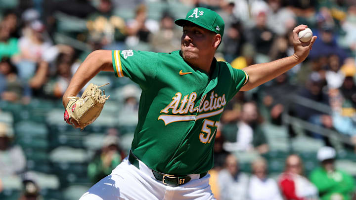 Apr 16, 2026; West Sacramento, California, USA; Athletics starting pitcher Jacob Lopez (57) throws a pitch against the Texas Rangers during the third inning at Sutter Health Park. Mandatory Credit: Dennis Lee-Imagn Images