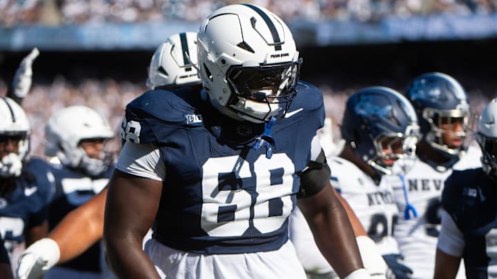 Penn State offensive lineman Anthony Donkoh (68) in the first half of an NCAA football game against Nevada, Saturday, August 30, 2025, in State College, Pa. Penn State offensive lineman Anthony Donkoh (68) in the first half of an NCAA football game against Nevada, Saturday, August 30, 2025, in State College, Pa.