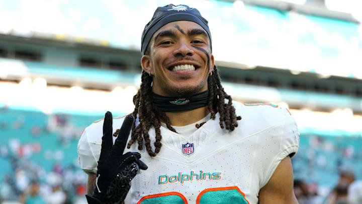 Miami Dolphins wide receiver Chase Claypool (83) celebrates after defeating the New York Jets at Hard Rock Stadium. 