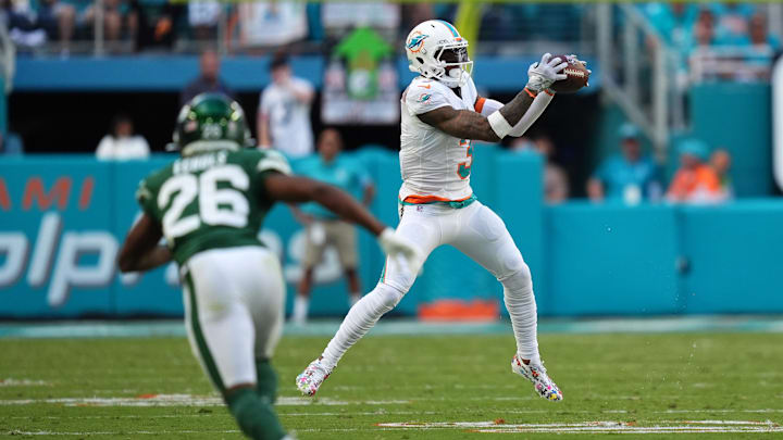 Miami Dolphins wide receiver Odell Beckham Jr. (3) makes a catch against the New York Jets during the second half at Hard Rock Stadium. Miami Dolphins wide receiver Odell Beckham Jr. (3) makes a catch against the New York Jets during the second half at Hard Rock Stadium.
