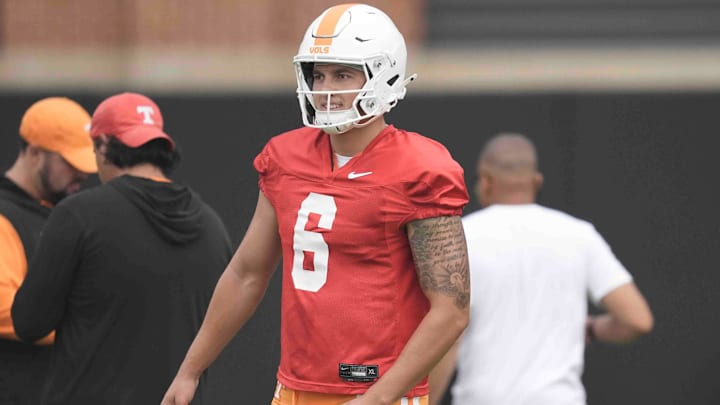 Tennessee quarterback Joey Aguilar (6) during Tennessee football preseason practice, in Knoxville, Tennessee, July 31, 2025.