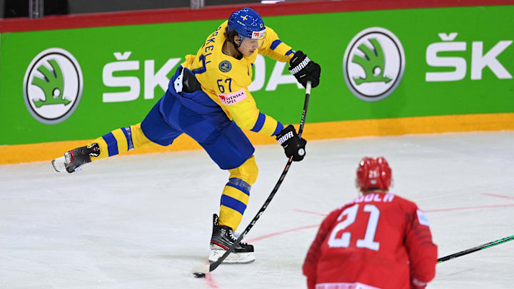 Rickard Rakell rips a shot representing his home country, Sweden, in international play