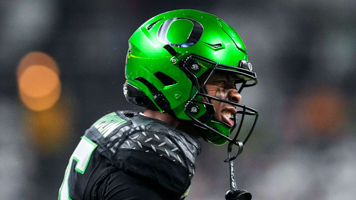 Oregon Ducks wide receiver Tez Johnson (15) celebrates Saturday, Dec. 7, 2024, during the Big Ten Championship game between the Oregon Ducks and the Penn State Nittany Lions at Lucas Oil Stadium in Indianapolis.