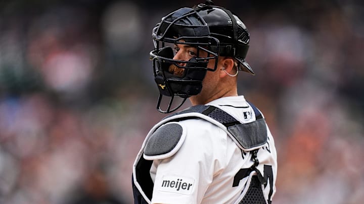 Detroit Tigers catcher Jake Rogers (34) looks back at the dugout during the second inning against Chicago White Sox at Comerica Park in Detroit on Sunday, Sept. 29, 2024 Detroit Tigers catcher Jake Rogers (34) looks back at the dugout during the second inning against Chicago White Sox at Comerica Park in Detroit on Sunday, Sept. 29, 2024