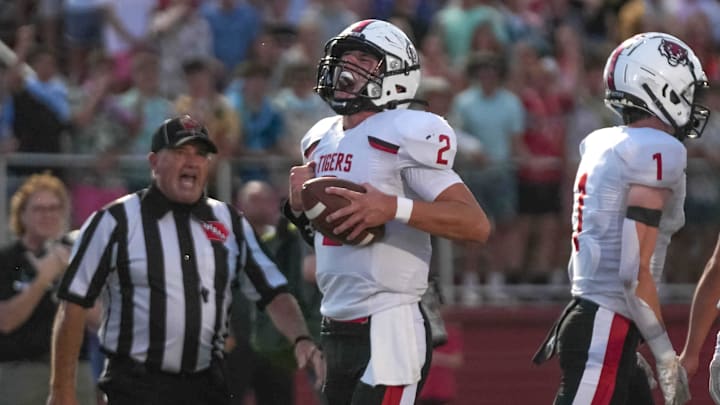 ADM-Adel’s Hudson Shull celebrates after scoring a touchdown against North Polk Friday, Sept. 12, 2025, during a high school football game at North Polk Stadium in Alleman. Mandatory Credit: Bryon Houlgrave-The Des Moines Register