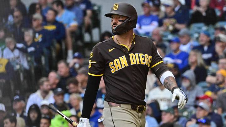 May 14, 2026; Milwaukee, Wisconsin, USA; San Diego Padres right fielder Nick Castellanos (21) walks back to the dugout after striking out in the fourth inning against the Milwaukee Brewers at American Family Field. Mandatory Credit: Benny Sieu-Imagn Images
