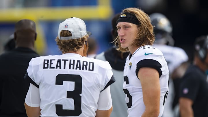 Sep 19, 2021; Jacksonville, Florida, USA; Jacksonville Jaguars quarterback Trevor Lawrence (16) with