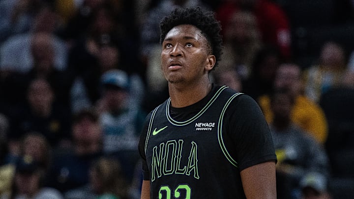 Jan 16, 2026; Indianapolis, Indiana, USA;  New Orleans Pelicans center Derik Queen (22) in the first half against the Indiana Pacers at Gainbridge Fieldhouse. Mandatory Credit: Trevor Ruszkowski-Imagn Images