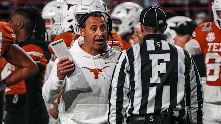 Texas Longhorns head coach Steve Sarkisian disputes a call during the game against Clemson in the first round of the College Football Playoffs at Darrell K Royal-Texas Memorial Stadium on Saturday, Dec. 21, 2024. Texas Longhorns head coach Steve Sarkisian disputes a call during the game against Clemson in the first round of the College Football Playoffs at Darrell K Royal-Texas Memorial Stadium on Saturday, Dec. 21, 2024.
