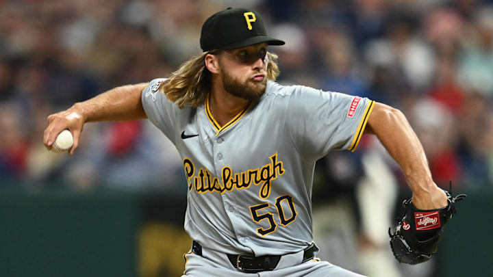 Aug 30, 2024; Cleveland, Ohio, USA; Pittsburgh Pirates relief pitcher Carmen Mlodzinski (50) throws a pitch during the fifth inning against the Cleveland Guardians at Progressive Field. Mandatory Credit: Ken Blaze-Imagn Images