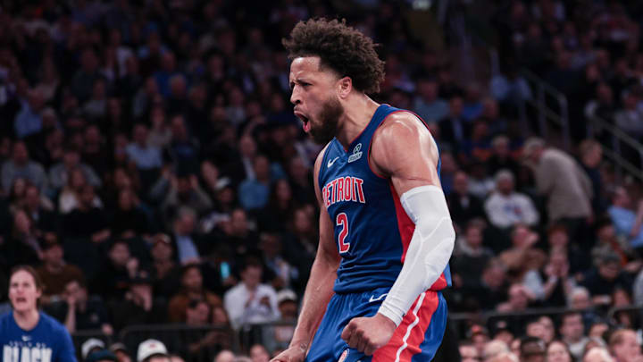 Feb 19, 2026; New York, New York, USA; Detroit Pistons guard Cade Cunningham (2) reacts after a dunk during the second half against the New York Knicks at Madison Square Garden. Mandatory Credit: Vincent Carchietta-Imagn Images