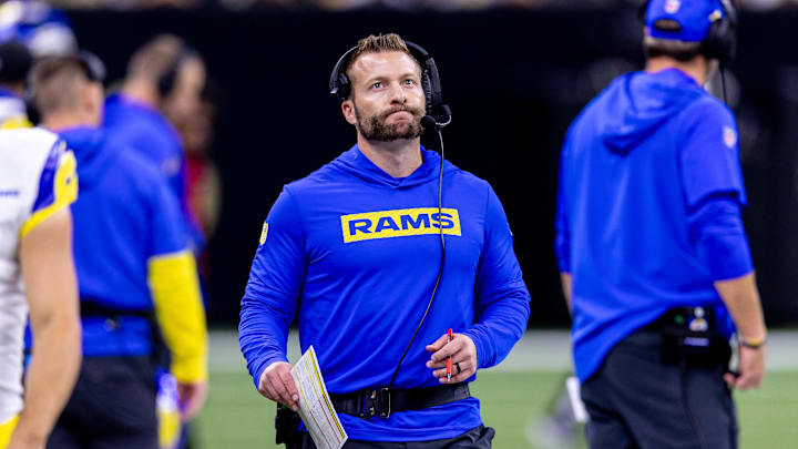 Dec 1, 2024; New Orleans, Louisiana, USA;  Los Angeles Rams head coach Sean McVay looks on against the New Orleans Saints during the second half at Caesars Superdome. Mandatory Credit: Stephen Lew-Imagn Images