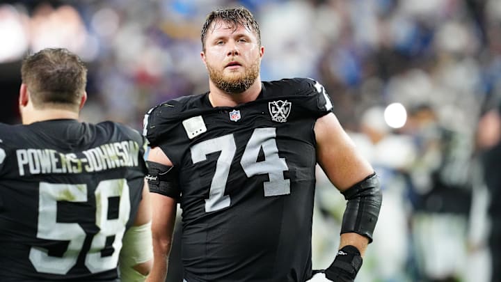 Jan 5, 2025; Paradise, Nevada, USA; Las Vegas Raiders offensive tackle Kolton Miller (74) reacts after the Raiders were defeated by the Los Angeles Chargers 34-20 at Allegiant Stadium. Mandatory Credit: Stephen R. Sylvanie-Imagn Images