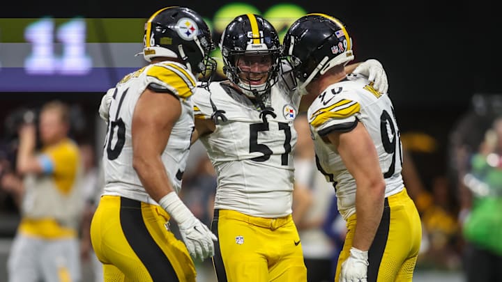 Pittsburgh Steelers linebacker Alex Highsmith, linebacker Nick Herbig, and linebacker T.J. Watt