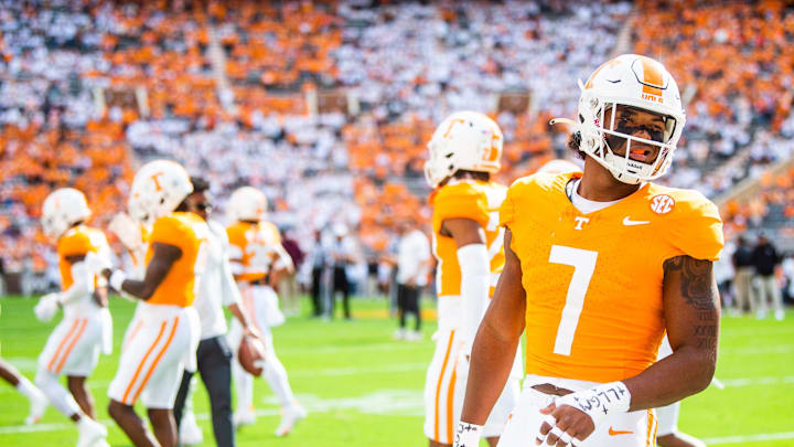 Tennessee linebacker Arion Carter (7) before a football game between Tennessee and Texas A&M at Neyland Stadium in Knoxville, Tenn., on Saturday, Oct. 14, 2023.