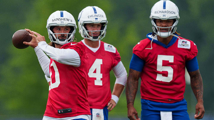 June 14, 2023; Indianapolis, IN, USA; Indianapolis Colts quarterback Gardner Minshew (10) drops back