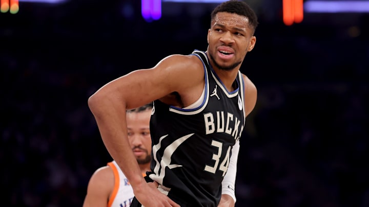 Jan 12, 2025; New York, New York, USA; Milwaukee Bucks forward Giannis Antetokounmpo (34) reacts during the first quarter against the New York Knicks at Madison Square Garden. Mandatory Credit: Brad Penner-Imagn Images