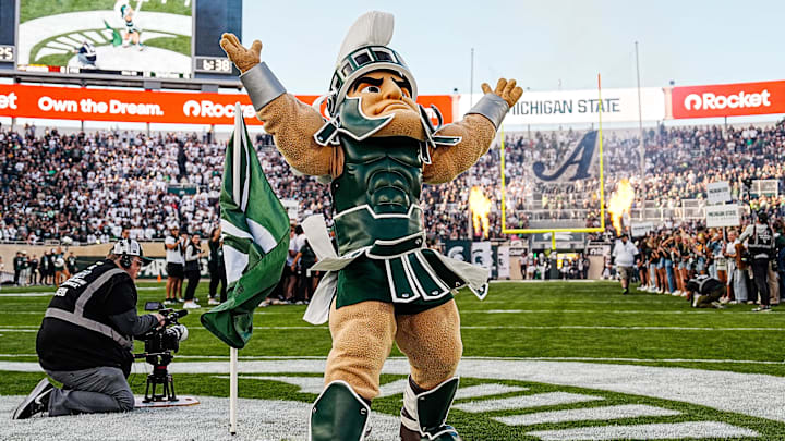 Michigan State mascot Sparty takes the field ahead of the first half against Western Michigan at Spartan Stadium in East Lansing on Friday, August 29, 2025.