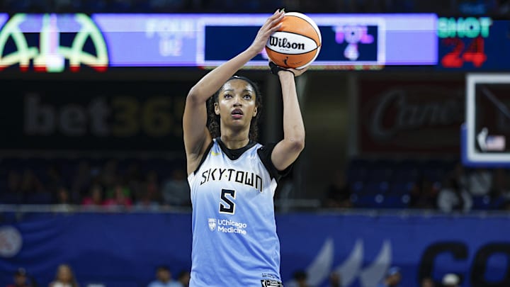 Sep 3, 2025; Chicago, Illinois, USA; Chicago Sky forward Angel Reese (5) shoots a free throw against the Connecticut Sun during the second half at Wintrust Arena. Mandatory Credit: Kamil Krzaczynski-Imagn Images