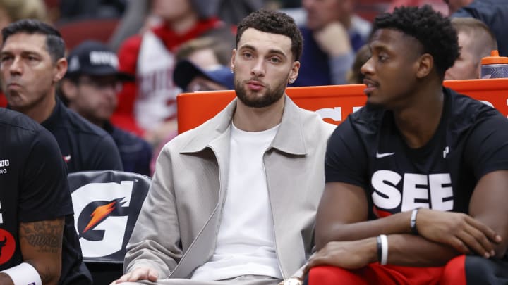 Dec 2, 2023; Chicago, Illinois, USA; Injured Chicago Bulls guard Zach LaVine (8) sits on the bench during the second half at United Center. Mandatory Credit: Kamil Krzaczynski-USA TODAY Sports