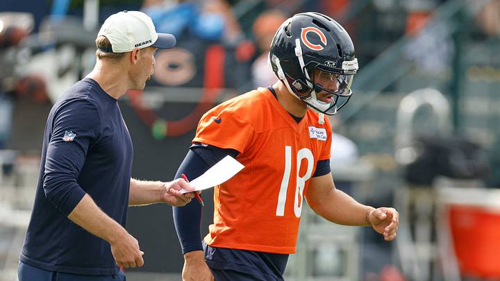 Jul 31, 2026; Lake Forest, IL, USA; Chicago Bears head coach Ben Johnson talks to quarterback Caleb Williams (18) during Training Camp at Halas Hall. Mandatory Credit: Kamil Krzaczynski-Imagn Images Jul 31, 2026; Lake Forest, IL, USA; Chicago Bears head coach Ben Johnson talks to quarterback Caleb Williams (18) during Training Camp at Halas Hall. Mandatory Credit: Kamil Krzaczynski-Imagn Images