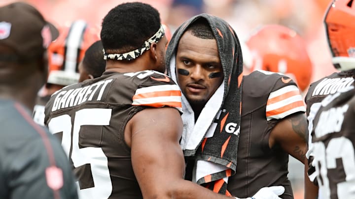 Sep 22, 2024; Cleveland, Ohio, USA; Cleveland Browns defensive end Myles Garrett (95) and quarterback Deshaun Watson (4) hug before the game between the Browns and the New York Giants at Huntington Bank Field. Mandatory Credit: Ken Blaze-Imagn Images Sep 22, 2024; Cleveland, Ohio, USA; Cleveland Browns defensive end Myles Garrett (95) and quarterback Deshaun Watson (4) hug before the game between the Browns and the New York Giants at Huntington Bank Field. Mandatory Credit: Ken Blaze-Imagn Images
