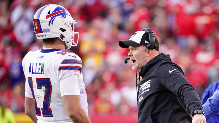 Oct 16, 2022; Kansas City, Missouri, USA; Buffalo Bills quarterback Josh Allen (17) celebrates with Buffalo Bills head coach Sean McDermott against the Kansas City Chiefs during the second half at GEHA Field at Arrowhead Stadium.