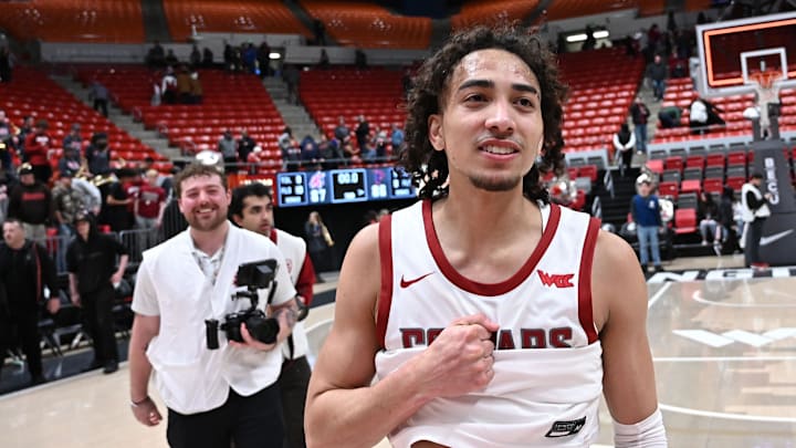 Feb 8, 2025; Pullman, Washington, USA; Washington State Cougars guard Nate Calmese (8) celebrates after the game against the Pepperdine Waves at Friel Court at Beasley Coliseum. Washington State Cougars won 87-86. Mandatory Credit: James Snook-Imagn Images Feb 8, 2025; Pullman, Washington, USA; Washington State Cougars guard Nate Calmese (8) celebrates after the game against the Pepperdine Waves at Friel Court at Beasley Coliseum. Washington State Cougars won 87-86. Mandatory Credit: James Snook-Imagn Images