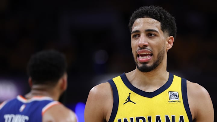 May 31, 2025; Indianapolis, Indiana, USA; Indiana Pacers guard Tyrese Haliburton (0) looks on in the third quarter during game six of the eastern conference finals against the New York Knicks for the 2025 NBA Playoffs at Gainbridge Fieldhouse. Mandatory Credit: Trevor Ruszkowski-Imagn Images