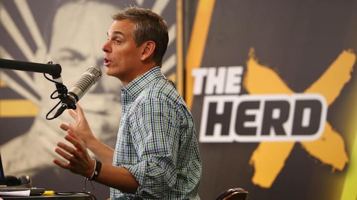 Feb 1, 2016; San Francisco, CA, USA; Radio personality Colin Cowherd broadcasts on radio row at the Moscone Center in advance of Super Bowl 50 between the Carolina Panthers and the Denver Broncos. Mandatory Credit: Jerry Lai-Imagn Images