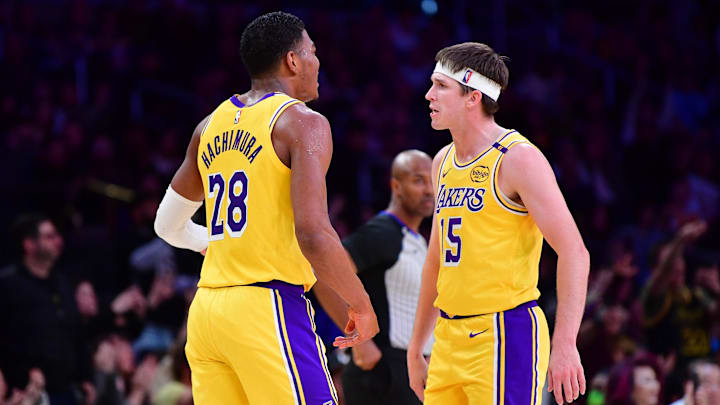 January 15, 2025; Los Angeles, California, USA; Los Angeles Lakers forward Rui Hachimura (28) and guard Austin Reaves (15) celebrate during the second half at Crypto.com Arena. Mandatory Credit: Gary A. Vasquez-Imagn Images January 15, 2025; Los Angeles, California, USA; Los Angeles Lakers forward Rui Hachimura (28) and guard Austin Reaves (15) celebrate during the second half at Crypto.com Arena. Mandatory Credit: Gary A. Vasquez-Imagn Images