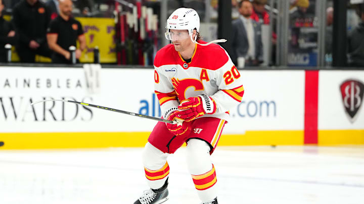 Apr 2, 2026; Las Vegas, Nevada, USA; Calgary Flames left wing Blake Coleman (20) warms up before a game against the Vegas Golden Knights at T-Mobile Arena. Mandatory Credit: Stephen R. Sylvanie-Imagn Images Apr 2, 2026; Las Vegas, Nevada, USA; Calgary Flames left wing Blake Coleman (20) warms up before a game against the Vegas Golden Knights at T-Mobile Arena. Mandatory Credit: Stephen R. Sylvanie-Imagn Images