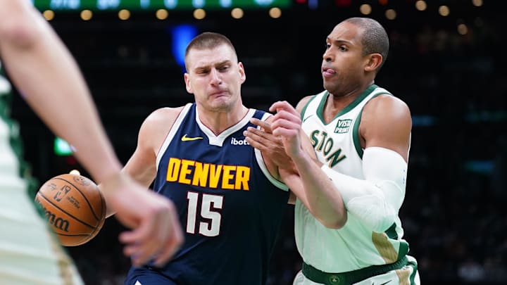 Jan 19, 2024; Boston, Massachusetts, USA; Denver Nuggets center Nikola Jokic (15) drives the ball against Boston Celtics center Al Horford (42) in the first quarter at TD Garden. Mandatory Credit: David Butler II-Imagn Images Jan 19, 2024; Boston, Massachusetts, USA; Denver Nuggets center Nikola Jokic (15) drives the ball against Boston Celtics center Al Horford (42) in the first quarter at TD Garden. Mandatory Credit: David Butler II-Imagn Images
