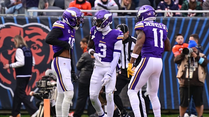Nov 24, 2024; Chicago, Illinois, USA; Minnesota Vikings wide receiver Jordan Addison (3) celebrates his receiving touchdown with wide receiver Justin Jefferson (18) against the Chicago Bears during the second quarter at Soldier Field. Nov 24, 2024; Chicago, Illinois, USA; Minnesota Vikings wide receiver Jordan Addison (3) celebrates his receiving touchdown with wide receiver Justin Jefferson (18) against the Chicago Bears during the second quarter at Soldier Field.