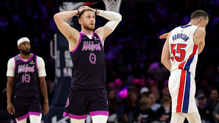 Mar 28, 2026; Minneapolis, Minnesota, USA; Minnesota Timberwolves guard Donte DiVincenzo (0) reacts during the first half against the Detroit Pistons at Target Center. Mar 28, 2026; Minneapolis, Minnesota, USA; Minnesota Timberwolves guard Donte DiVincenzo (0) reacts during the first half against the Detroit Pistons at Target Center.