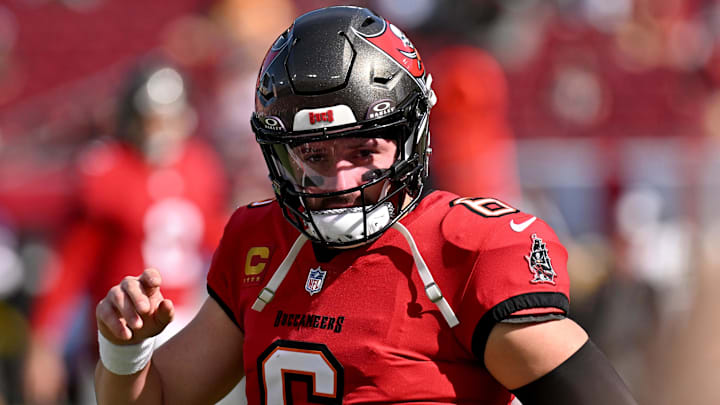 Jan 5, 2025; Tampa, Florida, USA; Tampa Bay Buccaneers quarterback Baker Mayfield (6) warms up before the start of the game against the New Orleans Saints  at Raymond James Stadium. Mandatory Credit: Jonathan Dyer-Imagn Images